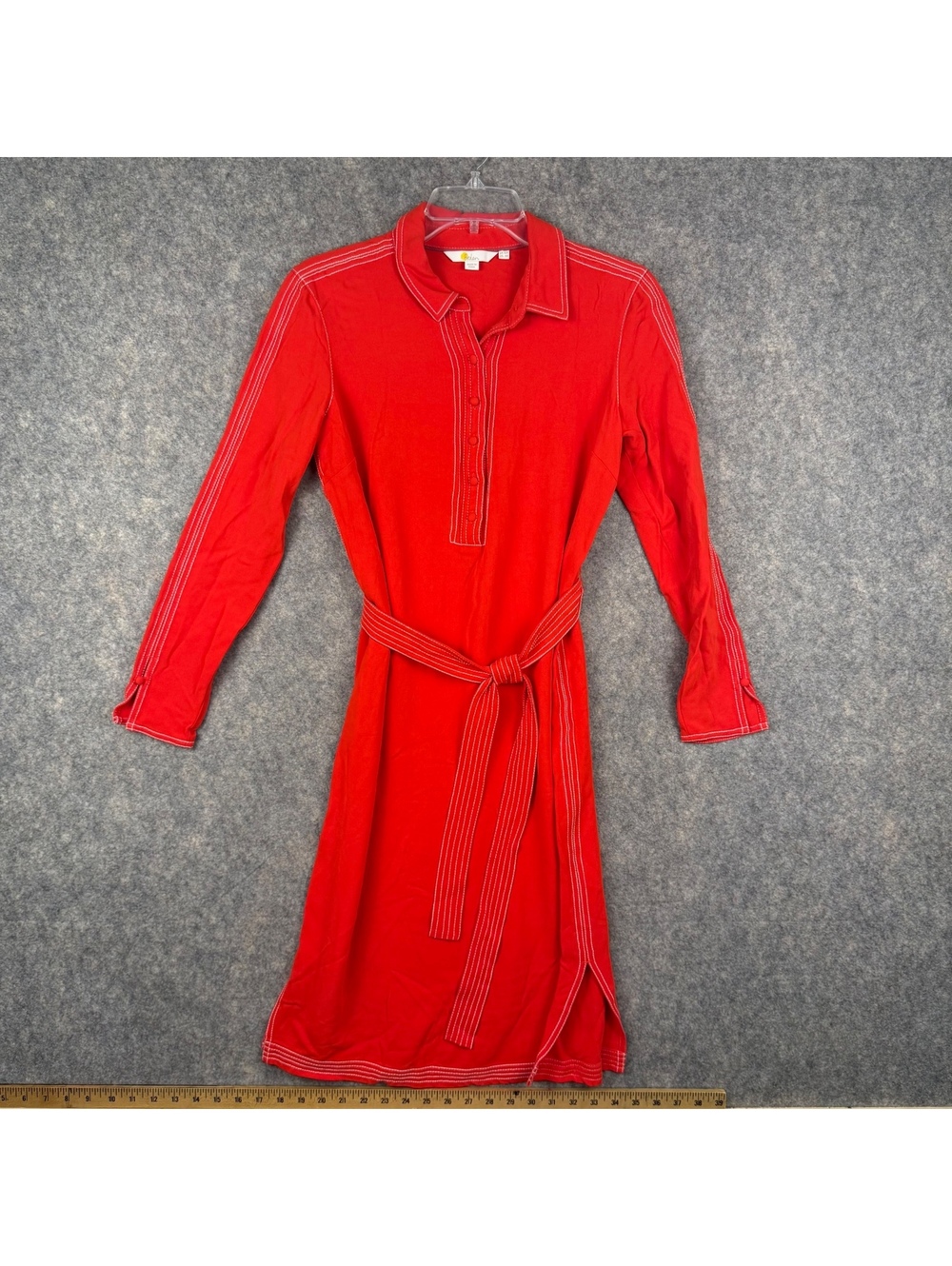 Boden Long Sleeve Shirt Dress Orange Red White Stitching Buttons Belt Size 6 691